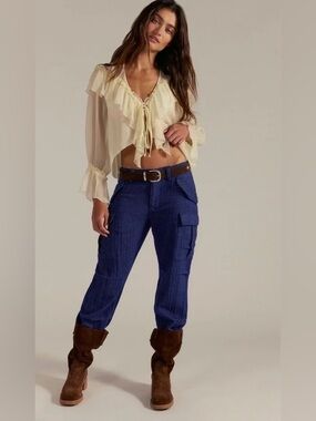 NWT Free People We The Free Last Catch Check Pants- Navy Combo $168 MSRP